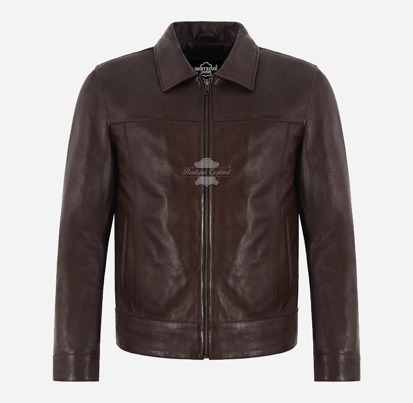 ELDENBERG Men's Brown Leather Collared Jacket