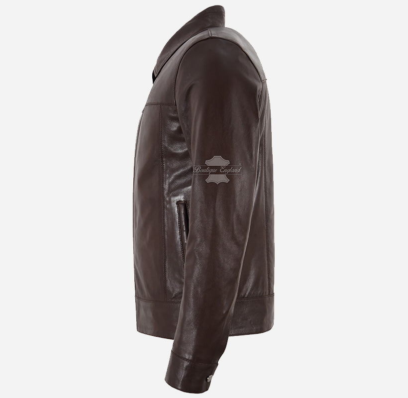 ELDENBERG Men's Brown Leather Collared Jacket