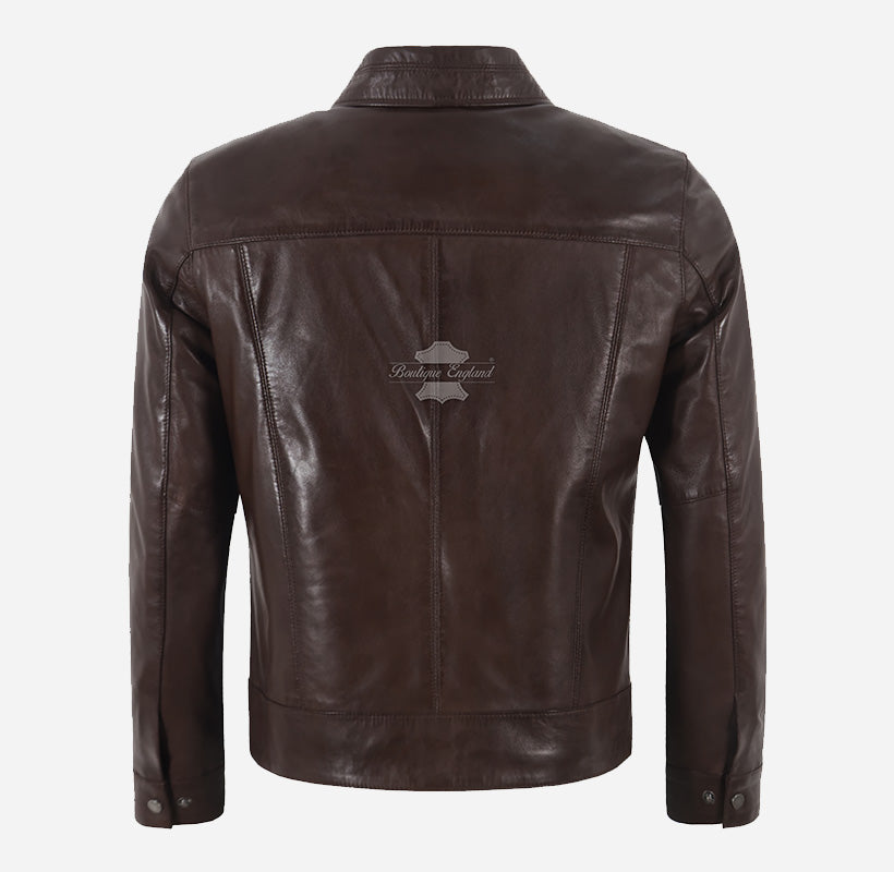 ELDENBERG Men's Brown Leather Collared Jacket