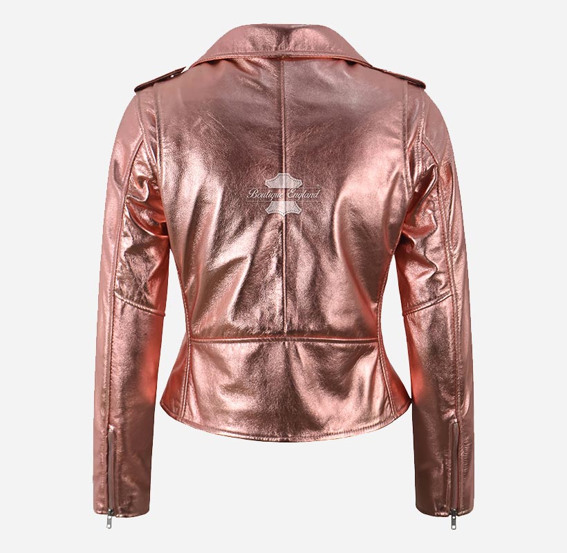 LUNELLE Women's Leather Biker Jacket in Metallic Pink