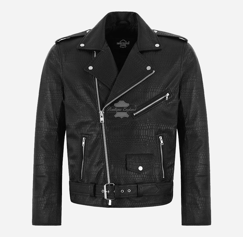 BRANDO Men's Snake Print Leather Biker Jacket