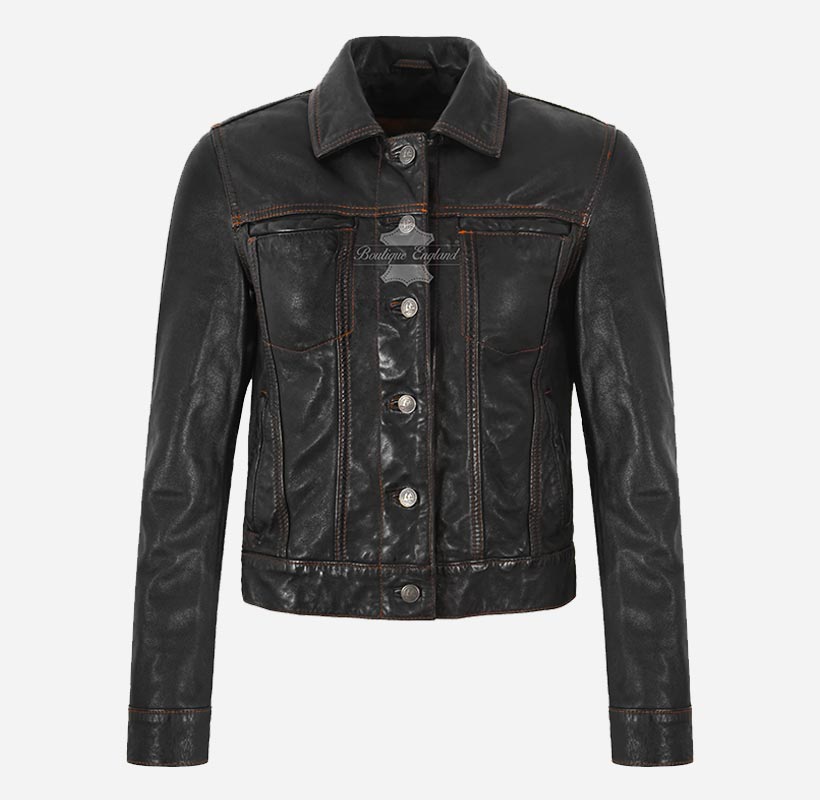 TRUCKER Leather Denim Jacket For Women Washed Leather Shirt Jacket