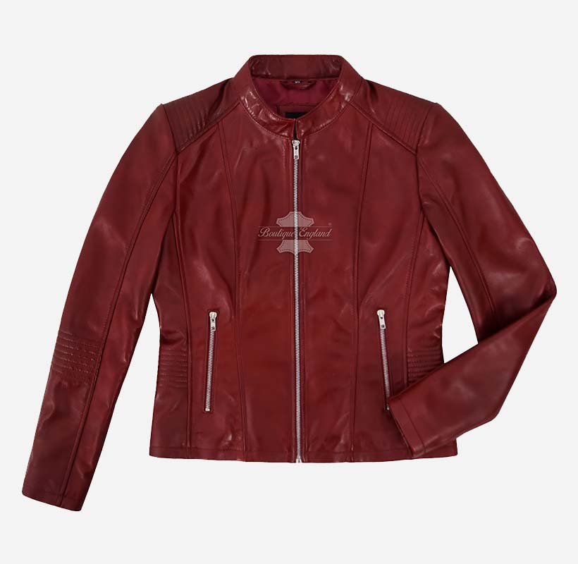WAVERLY Women's Leather Racer Jacket in Dark Red