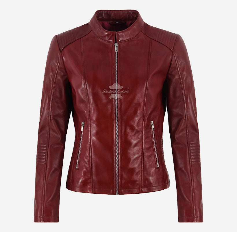 WAVERLY Women's Leather Racer Jacket in Dark Red