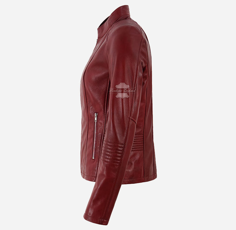 WAVERLY Women's Leather Racer Jacket in Dark Red