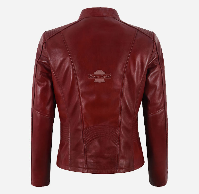 WAVERLY Women's Leather Racer Jacket in Dark Red