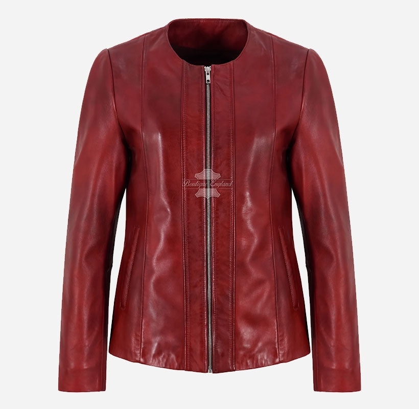 SOAVA Women's Collarless Leather Jacket Dark Red
