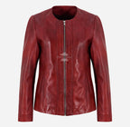 SOAVA Women's Collarless Leather Jacket Dark Red