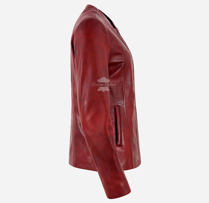 SOAVA Women's Collarless Leather Jacket Dark Red