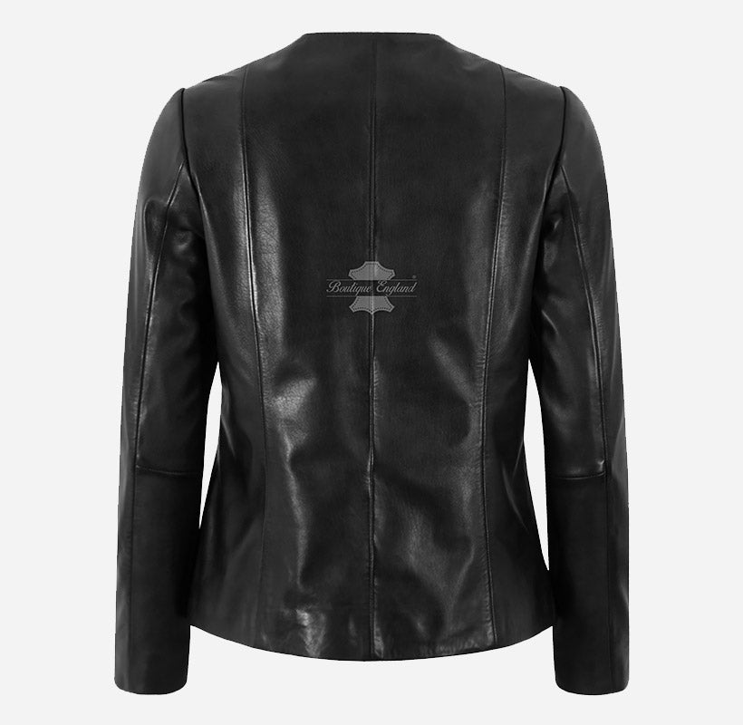 SOAVA Women's Collarless Leather Jacket Black