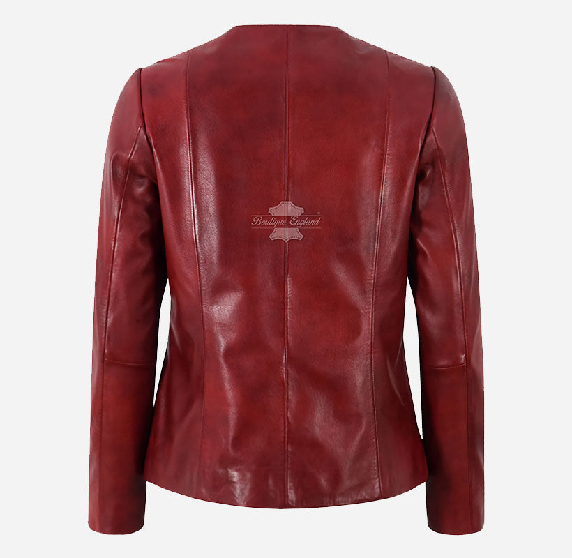SOAVA Women's Collarless Leather Jacket Dark Red