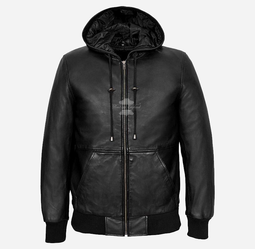 AINSLEY Men's Black Leather Hoodie Sports Hooded Bomber Jacket