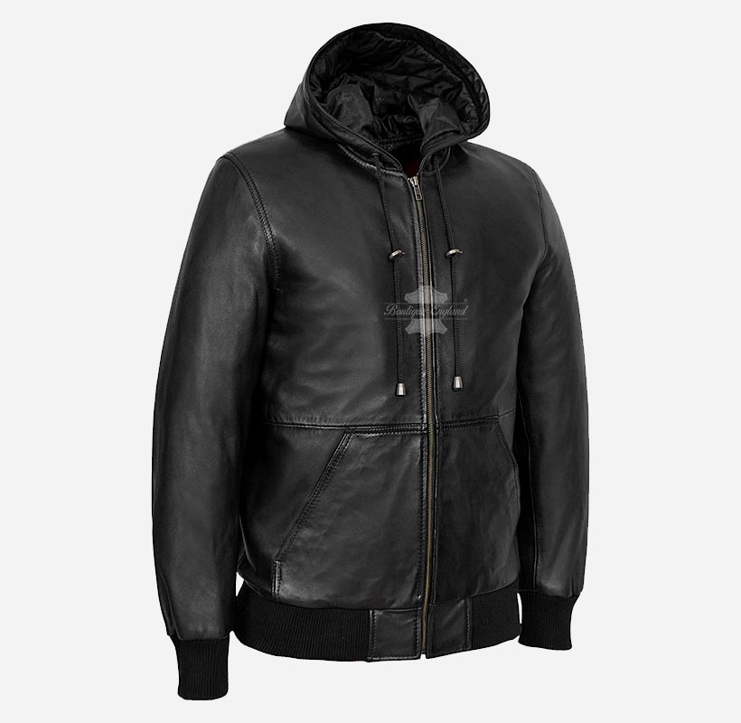 AINSLEY Men's Black Leather Hoodie Sports Hooded Bomber Jacket