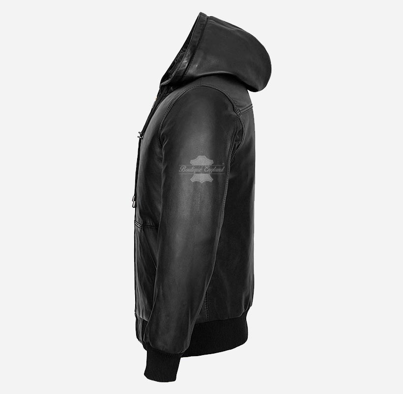 AINSLEY Men's Black Leather Hoodie Sports Hooded Bomber Jacket