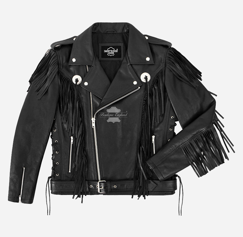 OETHEN Men's Cowboy Fringes Detailing Leather Biker Jacket