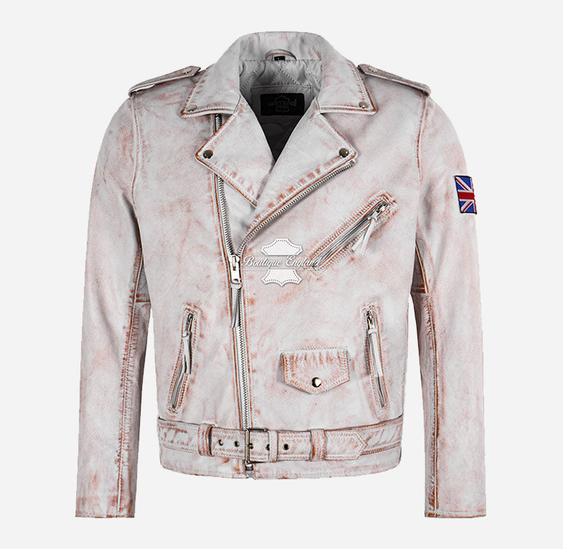 MBF UK FLAG Men's Leather Biker Jacket White Rustic Waxed Effect
