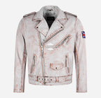 MBF UK FLAG Men's Leather Biker Jacket White Rustic Waxed Effect