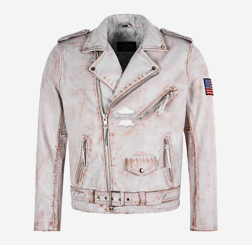 MBF USA FLAG Men's Leather Biker Jacket White Rustic Waxed Effect
