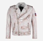MBF USA FLAG Men's Leather Biker Jacket White Rustic Waxed Effect