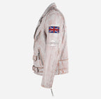 MBF UK FLAG Men's Leather Biker Jacket White Rustic Waxed Effect