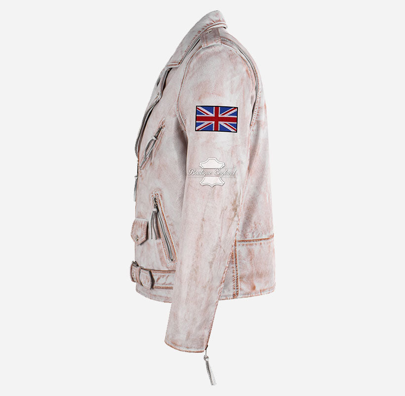 MBF UK FLAG Men's Leather Biker Jacket White Rustic Waxed Effect
