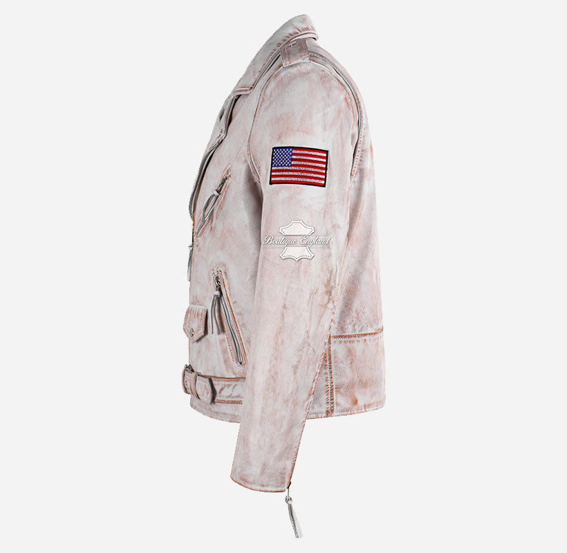 MBF USA FLAG Men's Leather Biker Jacket White Rustic Waxed Effect