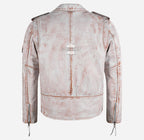 MBF UK FLAG Men's Leather Biker Jacket White Rustic Waxed Effect