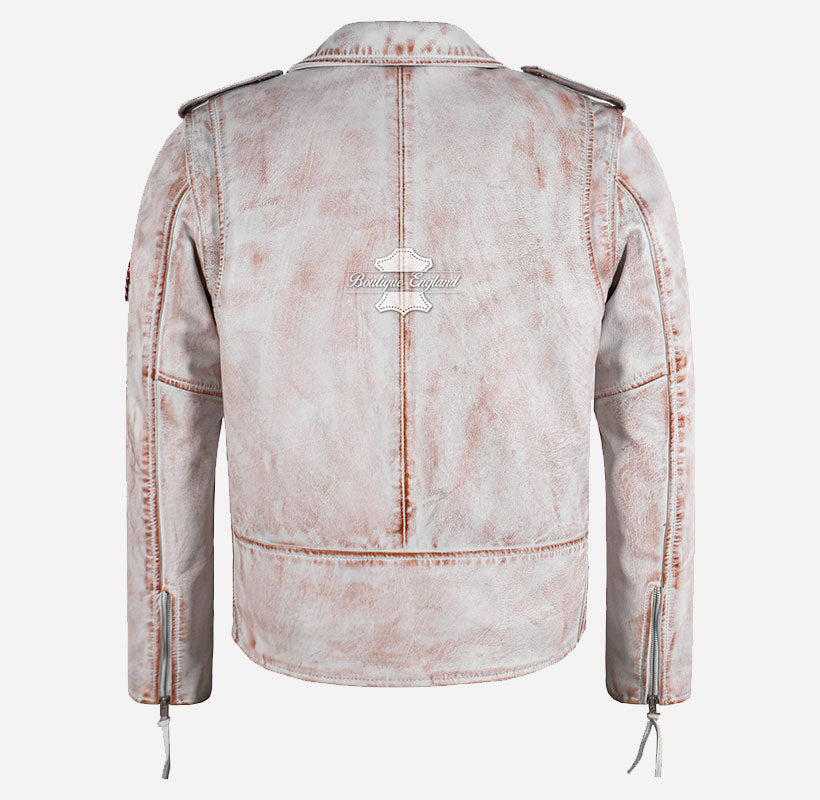 MBF USA FLAG Men's Leather Biker Jacket White Rustic Waxed Effect