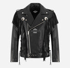 OETHEN Men's Cowboy Fringes Detailing Leather Biker Jacket
