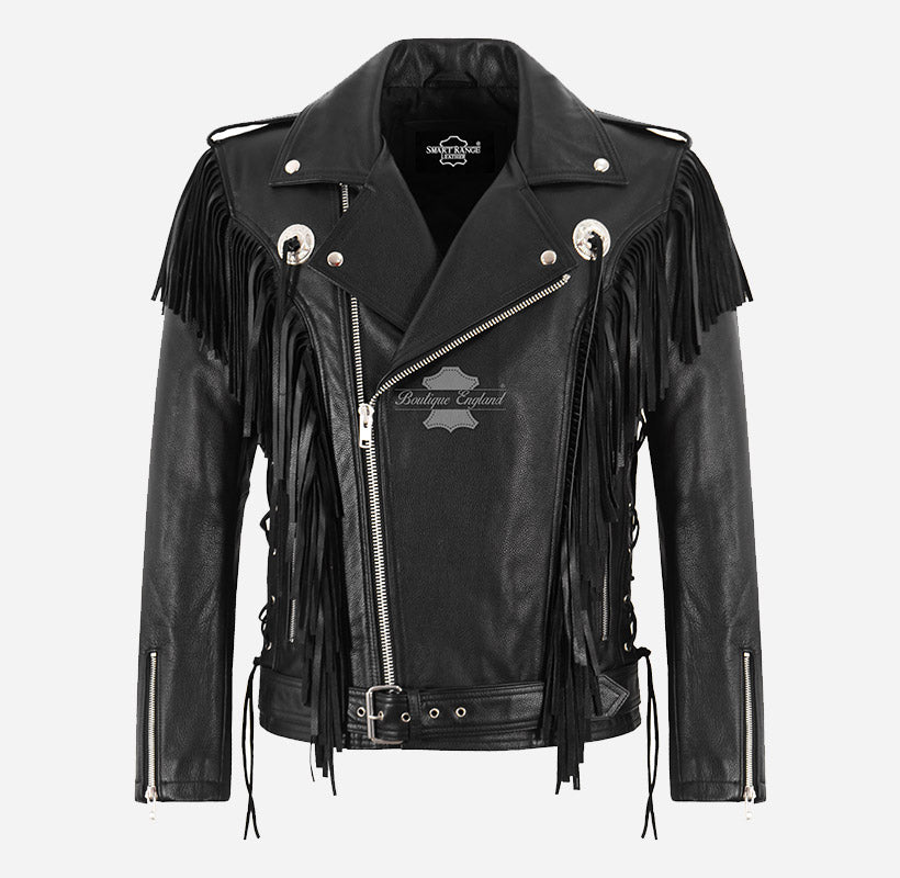 OETHEN Men's Cowboy Fringes Detailing Leather Biker Jacket