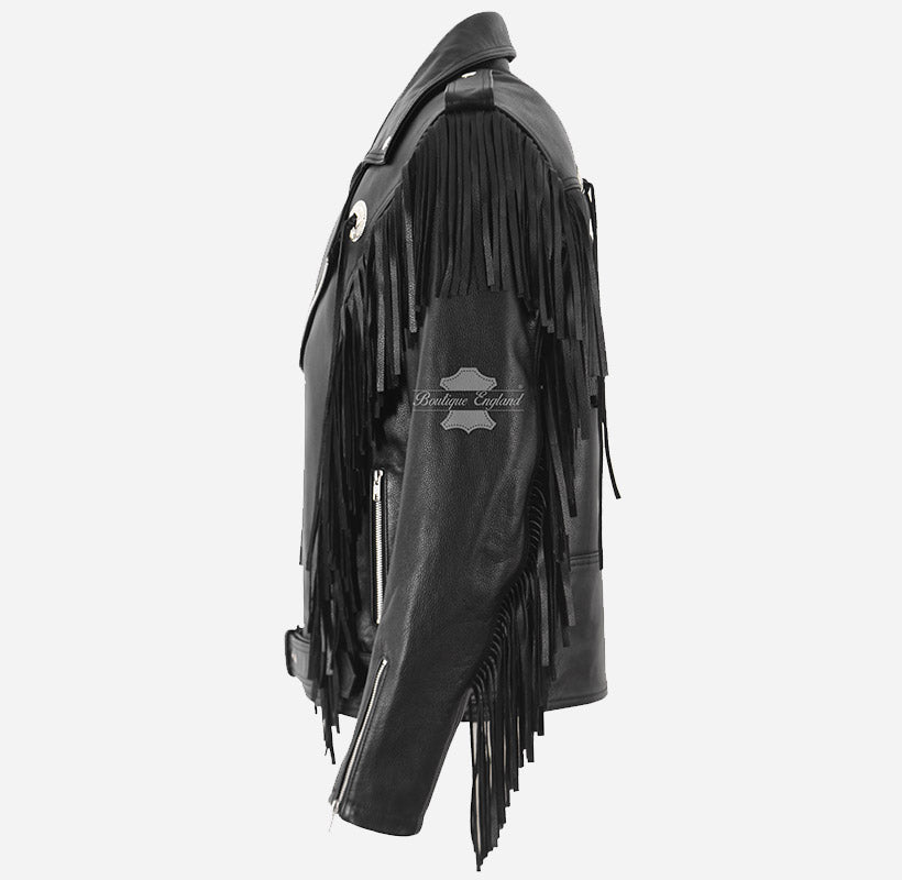 OETHEN Men's Cowboy Fringes Detailing Leather Biker Jacket