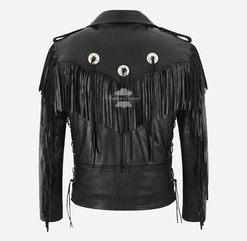 OETHEN Men's Cowboy Fringes Detailing Leather Biker Jacket