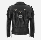 OETHEN Men's Cowboy Fringes Detailing Leather Biker Jacket