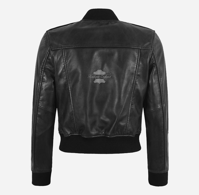 LUCIANA Women’s Cropped Leather Bomber Jacket in Black