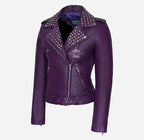 BRANDO Ladies Studded Collar Leather Biker Jacket Fitted Jacket