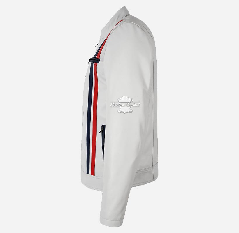 SR Racer Men's White Leather Biker Jacket Racer Motorbike Jacket