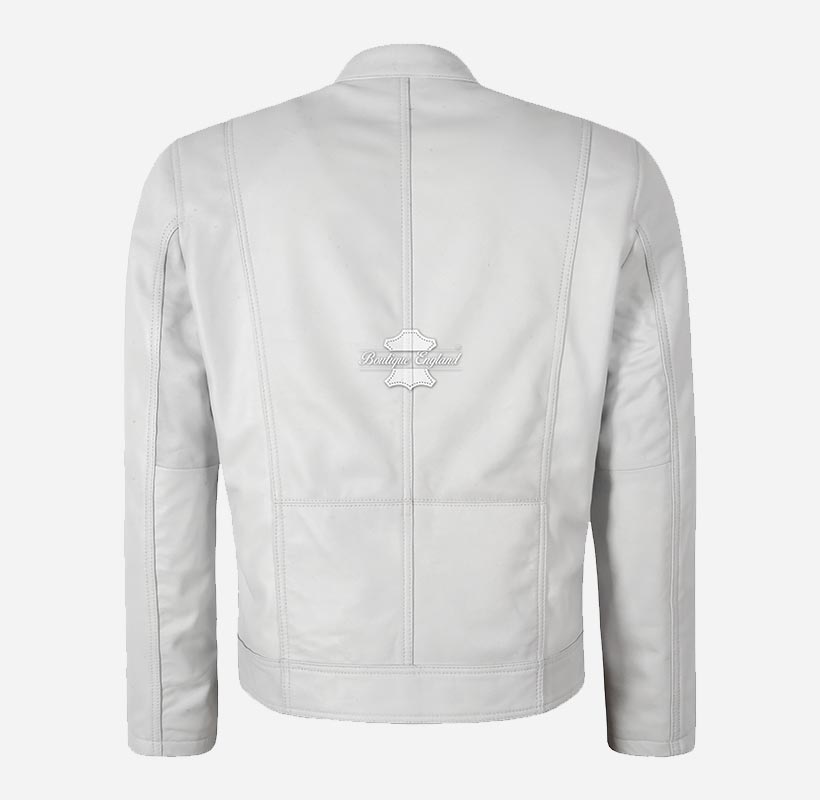 SR Racer Men's White Leather Biker Jacket Racer Motorbike Jacket
