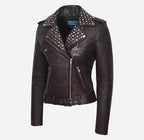 BRANDO Ladies Studded Collar Leather Biker Jacket Fitted Jacket