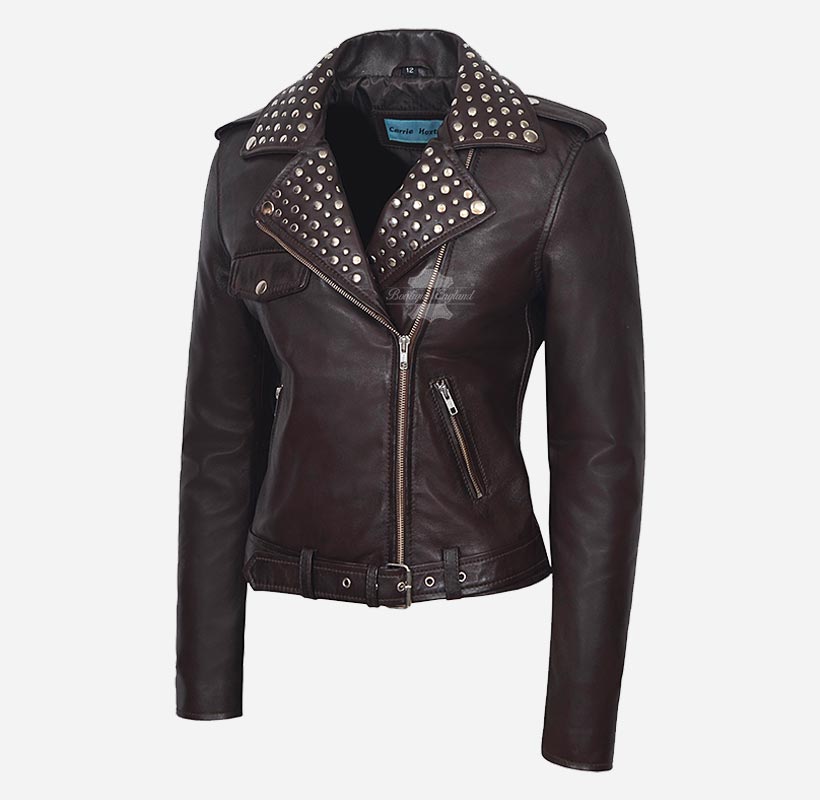BRANDO Ladies Studded Collar Leather Biker Jacket Fitted Jacket