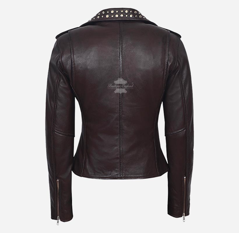 BRANDO Ladies Studded Collar Leather Biker Jacket Fitted Jacket