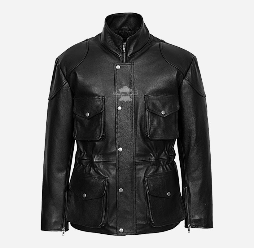 HUNTER Men's Black Leather Safari Coat Motorbike Jacket