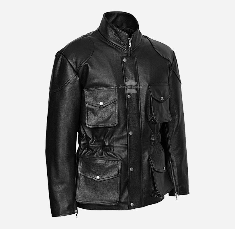 HUNTER Men's Black Leather Safari Coat Motorbike Jacket
