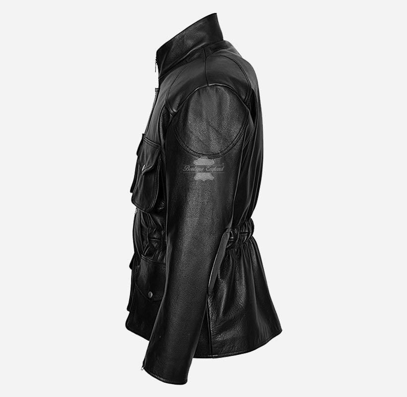 HUNTER Men's Black Leather Safari Coat Motorbike Jacket