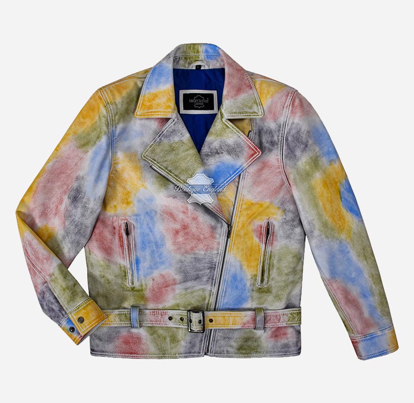 PICASSO Leather Jacket Multicolored Waxed Mens Leather Biker Jacket