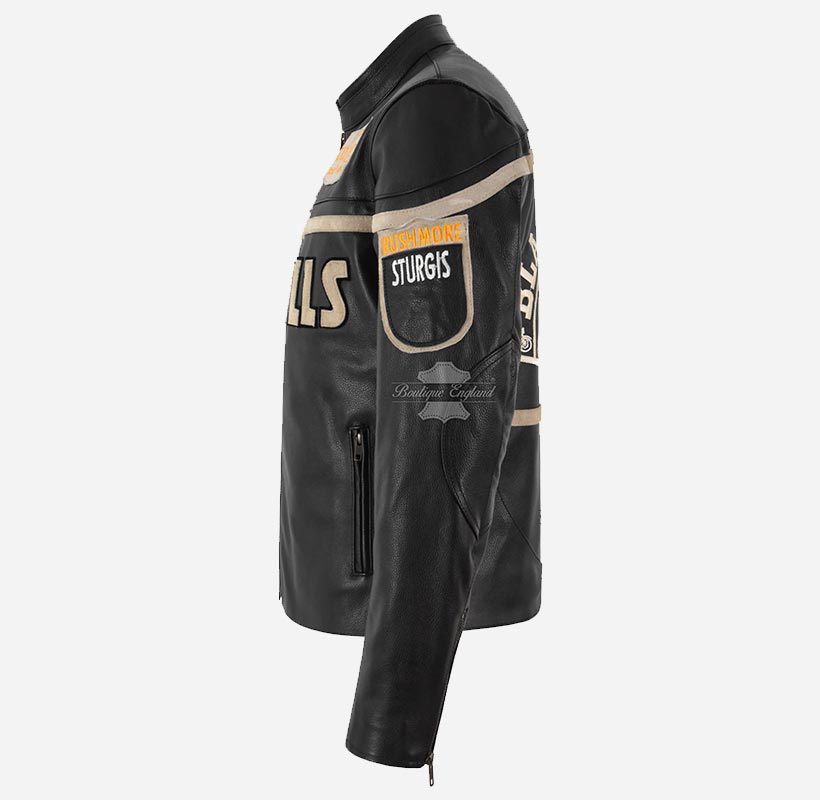 Black Hills Mens Biker Leather Jacket Black Badge Detailing