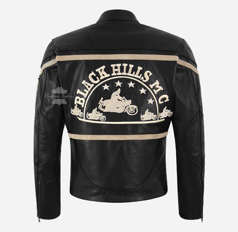 Black Hills Mens Biker Leather Jacket Black Badge Detailing