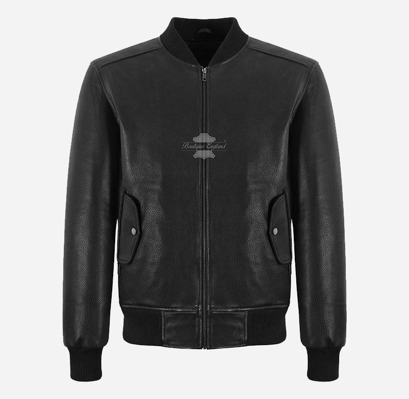 BARNABY Men's Black Leather Bomber Jacket Aviator Style