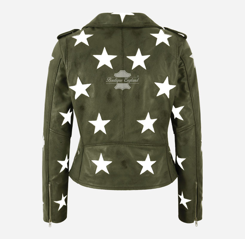 BRANDO Women's Black Biker Leather Jacket with White Stars