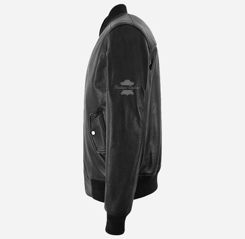 BARNABY Men's Black Leather Bomber Jacket Aviator Style