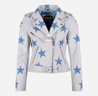 BRANDO Women's Black Biker Leather Jacket with White Stars
